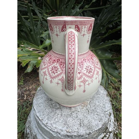 Antique Sarreguemines “Calcutta” Pitcher Red Transferware French Faeince 9” - Picture 2 of 15
